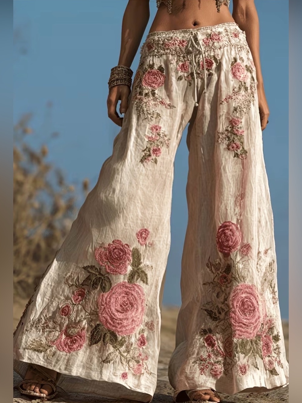 Boho Wide-Leg Floral Printed Pants - Pink on Cream